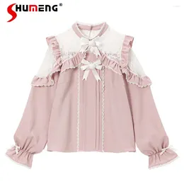 Women's Blouses Japanese Style Sweet Blouse Campus Lace Patchwork Woman 2024 Cold-Shoulder Bow Cute Stringy Selvedge Shirts