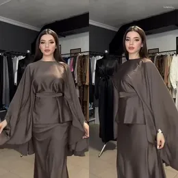 Ethnic Clothing Women Muslim Round Neck Bat Sleeve Tops Skirt Set Dress Lace Up Waist Satin Arab Solid Colour Loose 2Piece