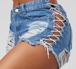 Women's Jeans Sexy Summer Women Denim Shorts 2024 Black Blue Mid Waist Ripped Short Femme Tassel Lace Up Bandage Pants