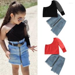 Clothing Sets 1-6years Kids Girl Summer Tops And Skirt Set One Shoulder Lace Long Sleeve Zip Up Denim Girls Casual Outfits