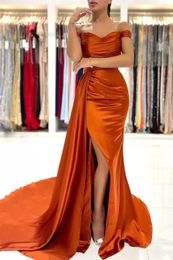 Sexy Orange Prom Birthday Dresses 2024 Off Shoulder Split Side Mermaid Satin Evening Formal Party Gala Gowns Customed