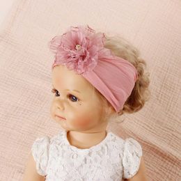 Hair Accessories 3pcs Newborn Soft Elastic Nylon Headband Solid Color Chiffon Flower Turban Girls Photograph Fashion Hair Accessories Y240522