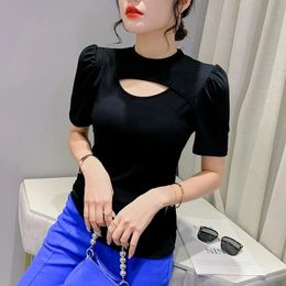 #5284 Summer T-shirt Famme Hollow Out Skinny Short Sleeve T Shirt Woman Sexy Party Stretch Cotton Solid Colour Short Tee Shirt 240522