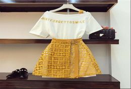 2020 New Fashion Summer Women039s Letter Embroidery Off Shoulder Cotton Long Tshirt Lacing up Hollow Lace Skirt 2 Pieces Set6748692