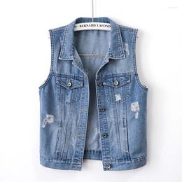 Women's Vests Light Blue Holes Pocket Denim Vest Women Vintage Slim Short Waistcoat Cowboy Sleeveless Jacket Coat Casual Jeans Female