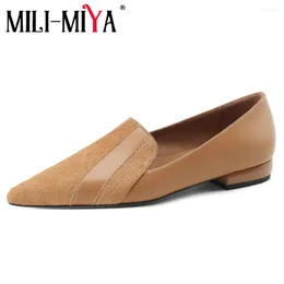 Casual Shoes MILI-MIYA Fashion Pointed Toe Women Cow Leather&Horse Hair Flats Solid Colour Slip On Low Thick Heels Large Size 34-40 Handmade