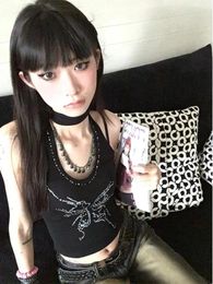 Women's Tanks Y2k Aesthetic Diamond Printed Halter Crop Top Sleeveless Vintage Grunge Tank Bodycon Women Summer Black Harajuku Camisole Vest