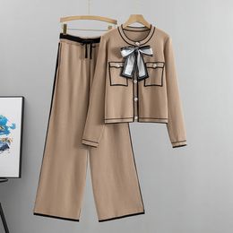 2023 Autumn Women Elegant Pleated Two Piece Set Long Sleeve Bowknot Tops High Waist Wide Leg Pants Suit Female Casual Outfits 240514