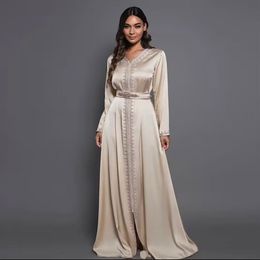 Muslim Evening Dresses For Women Satin Long Sleeve abendkleider Beaded Moroccan Caftan Muslim Prom Gowns Applique Robe Vestido