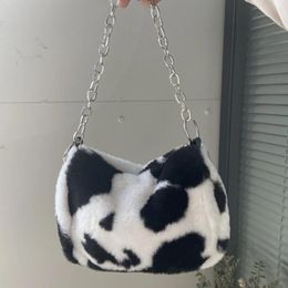 Shoulder Bags Fashion Faux Fur Women Chain Crossbody Soft Plush Ladies Purse Handbags Cow Pattern Female Small Underarm Bag