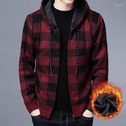 Men's Sweaters Fashion Mens Autumn Winter Plus Flannel Knitted Sweater Y2K Style Zip Up Cardigan Jackets Hooded Plaid For Men