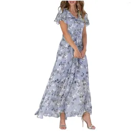 Party Dresses Female Clothing Unique Ankle-Length Women Frock Desings V-Neck Short Sleeves Summer Printed Robes Longues