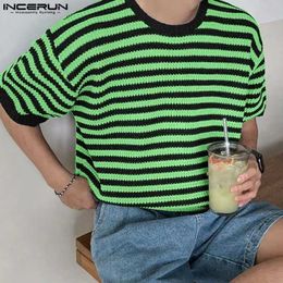 Men's T-Shirts Tops 2023 Korean style mens knitted stripe design T-shirt casual street wear mens hot selling O-neck short sleeved S-5XL Q240521