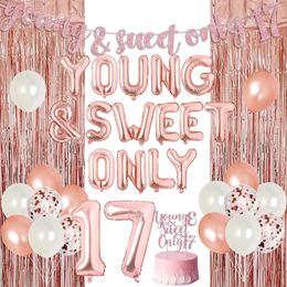 Fangleland 17th Birthday Party Decoration Rose Gold for Girl with Young and Sweet Only 17 Balloons Banner Rose Gold Foil Curtain 240522