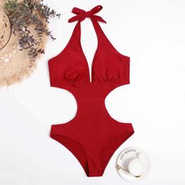 Women's Swimwear Sexy cut Trikini womens swimsuit 2023 new solid deep V-strap backless integrated swimsuit Monokini womens swimsuit d240521