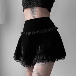 Skirts Women Summer Skirt Embroidery Suede Black Lace Patchwork Punk Wear Trim Sweet Sexy Clothing For Girls 2024 Y2k