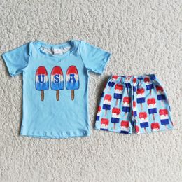 Nova moda de verão, design especial, design especial azul top picolicle imprimido bebê menino infantil conjunto de roupas