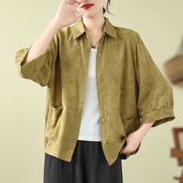 Women's Blouses 2024 Arrival Spring/summer Women Loose Turn-down Collar Three Quarter Sleeve Blouse Casual Lantern Cotton Shirts S64