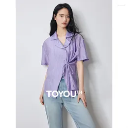 Women's Blouses TOYOUTH Women Blouse Shirt 2024 Summer Lyocell Lace Up Knot Drawstring Short Sleeve Turn Down Collar Purple Tops