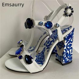 Dress Shoes Luxury Diamond Crystal Decor Modern Sandals Women Blue And White Porcelain Print Ankle Strap Summer For Girls