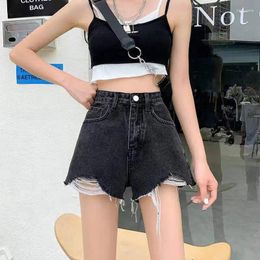 Women's Jeans Women Summer 2024 High Waist Burrs Female Build A-line Torn Wide-legged Short Pants Black A20