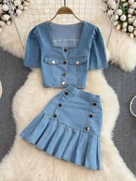 Work Dresses Women's Set Jeans 2 Pieces Suits Woman Matching Sets Buttons Jumpers Mini Skirt Short Sleeve Female Clothes Costumes