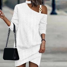 Casual Dresses Women Hip-hugging Dress Chic One Shoulder Mini Women's Fall/winter Loose Chain Decor Long Sleeve Solid Color Pullover