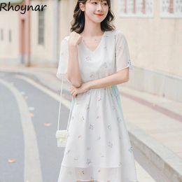 Casual Dresses Dress Women Leisure Chiffon Elegant All-match Bandage Print Female Cozy Breathable Vestido V-neck Korean Style Sweet