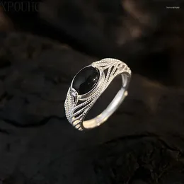 Cluster Rings S925 Sterling Silver High Grade Black Agate Ring With Hollow Out Opening Temperament And Crowd Sense For Women