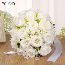 Wedding Flowers YO CHO Bouquet Bride Flower Artificial Silk Rose White Fake Pearl Crystal Bridesmaid Party Prom Supplies