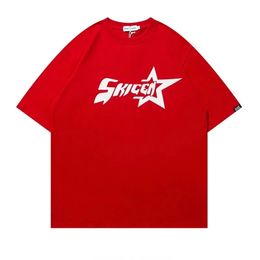 Streetwear American Alphabet Star Print T-shirt Harajuku Vintage Red Men Women Y2K Casual Tops With Base Men Clothing 240508