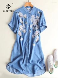 Party Dresses Spring Lyocell Denim Dress Women Stand Embroidery Girl Short Sleeve Vintage Casual Long 2024 Summer D43081QC