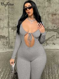Womens Jumpsuits Rompers Hugcitar Fall Solid V Neck Long Sleeve Hollow Out Lace Up Sexy Bodycon Jumpsuit Women Fashion Streetwear Sport Romper Overalls Y24052QIR3