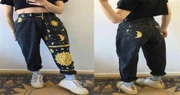 Digital Moon Star Printed Straight Pants Trendy Jeans Fashion Ladies High Waist Young Girls Chic Denim 2108251229383