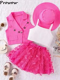 Clothing Sets Prowow Suit For Girls 2024 Lapel Blazer Jacket Camisole Top Butterfly Appliques Skirt Holiday Children's