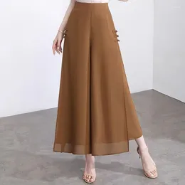 Women's Pants 2024 Summer Double Chiffon Wide Leg Pant Chinese Style Buckle Split Women Cropped SizeM-4XL Z395