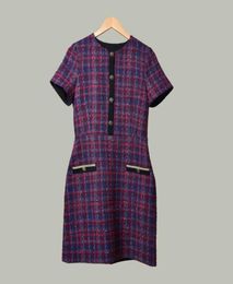 2019 Fall Autumn Short Sleeve Round Neck Purple Plaid Print Tweed Panelled Buttons Short Mini Dress Women Fashion Dresses O11152277115465