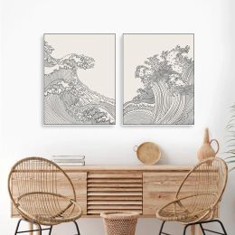 Nordic Black and White Canvas Painting Lines Abstract Sea Waves Japanese Style Homestay Posters Wall Pictures Home Decor