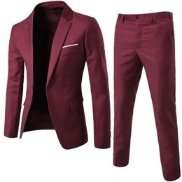 Wedding Set Vintage Men Solid Colour Long Sleeve Lapel Slim Button Business Suit Mens Groomsmen Regular Fit 2 Peice 240515
