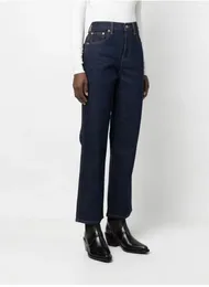 Women's Jeans Dark Blue Pocket Line Decorative Wide High Waist Straight Denim Trousers Women