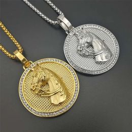 Jockey Club Horse Head Pendants Necklaces For Women/Men Golden Colour 14K Gold Round Coin Iced Out Bling Hip Hop Jewellery