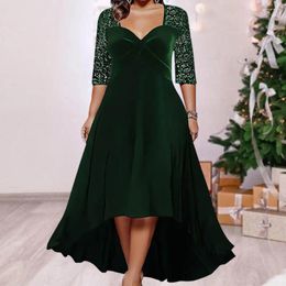 Casual Dresses Women Prom Party Dress Low-cut V Neck Big Hem A-line Half Sleeve Shiny Sequin Patchwork Lady Spring Fall Maxi