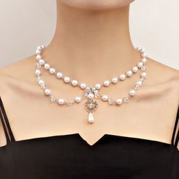 Trendy Imitation Pearls Heart Cross Necklace Y2k Choker Retro Double Layered Beaded Handmade 2023 Fashion Jewellery Gift 240517