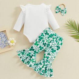 Clothing Sets Born Infant Baby Girls St Patrick S Day Long Sleeve Romper Clover Printing Flared Pants Headband Outfits Set