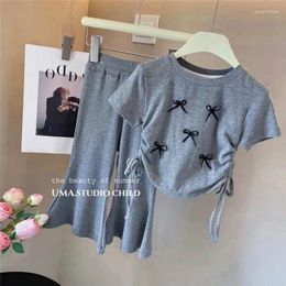 Clothing Sets Summer Girls T-Shirt Kids Short Sleeve Tops Pants 2Pcs Suits Fashion Bow Drawstring Outfits Children Clothes 2-8Y