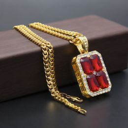 Hip hop Square Ruby Pendant with Cuban Chain 14K Gold Plated Mens Blingbling Ice Out Sapphire Neclace 307E