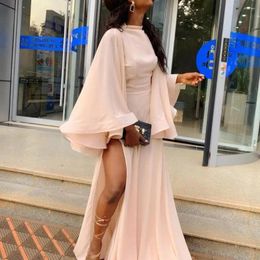 Party Dresses 2024 Elegant High Neck Chiffon Prom Long Poet Sleeve Women Plus Size Dress Sexy Side Slit Pink Formal Evening Part