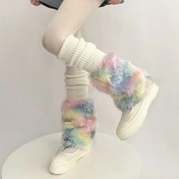 Women Socks 2024 Ribbed Colorful Fur Patchwork Trim Knee High Boot Cuffs Cute Long Stockings
