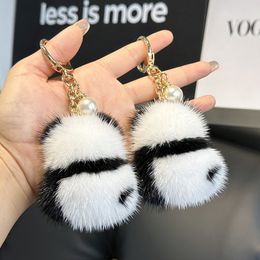 Luxury Fur Car Key Holder Cute Little Panda Plush Doll Bag Charm Ladies Girls Fuzzy Keychains Bag Accessories