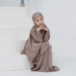 Kids Jilbab Satin Abaya Long Khimar Maxi Skirt Islamic Clothing Ramadan Muslim Girls Prayer Dresses Dubai Turkey Modest Kaftan